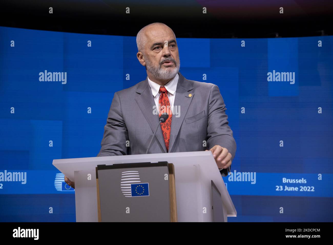 Edi Rama Prime Minister of Albania as seen talking to the media and journalists at a press conference after the EU - Western Balkan summit with the main topic the enlargement of European Union on the Western Balkans. The EU expansion negotiations failed for the six Balkan countries of Albania, Bosnia, Kosovo, Montenegro, North Macedonia and Serbia but Ukraine and Moldova have both been accepted with the status of EU candidate members. EU - Western Balkan Leader's meeting on 23 June 2022, ahead of the European Council summit in Brussels, Belgium. (Photo by Nicolas Economou/NurPhoto) Stock Photo