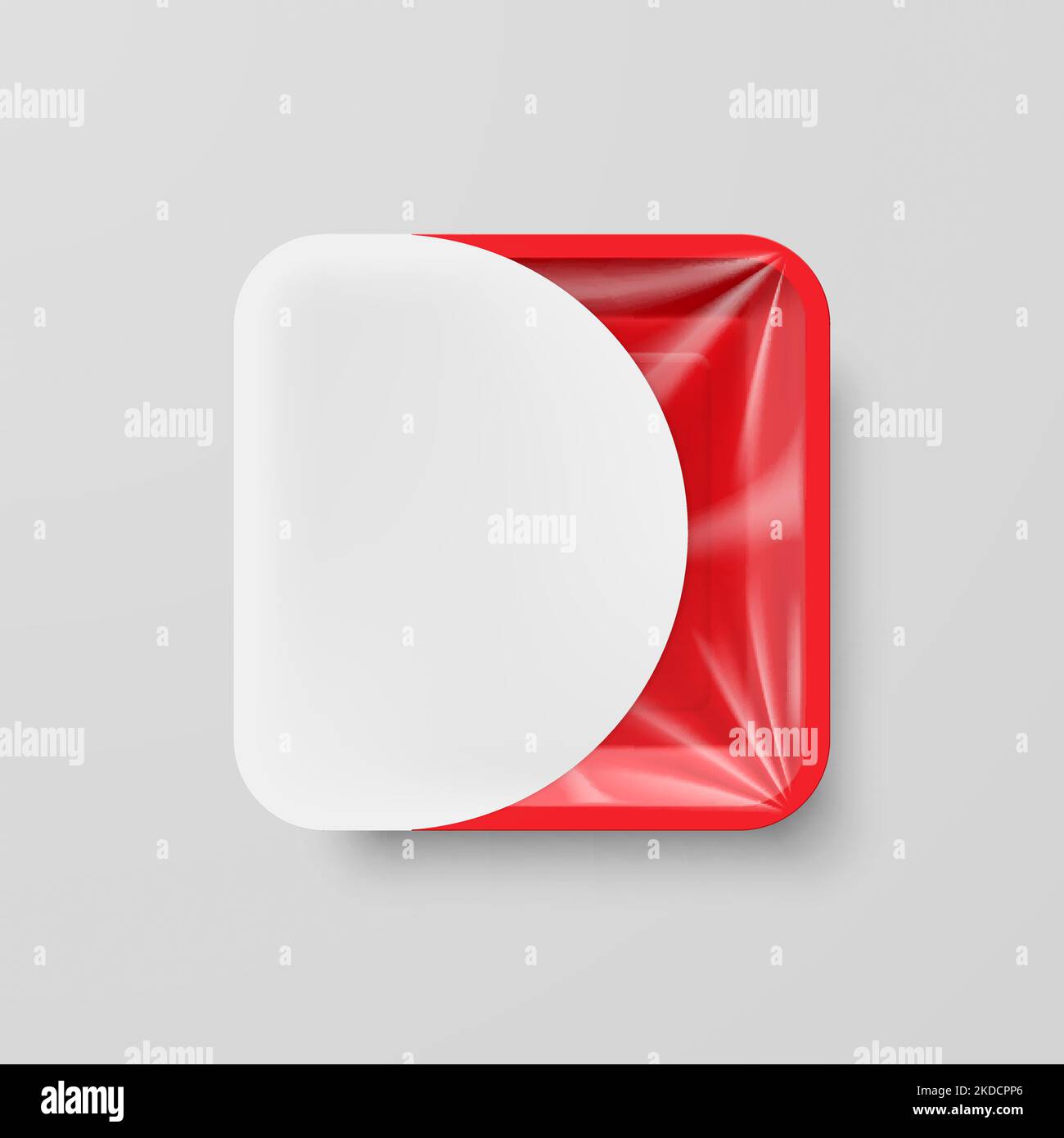 Empty Red Plastic Food Square Container with White Label on Gray Stock Vector