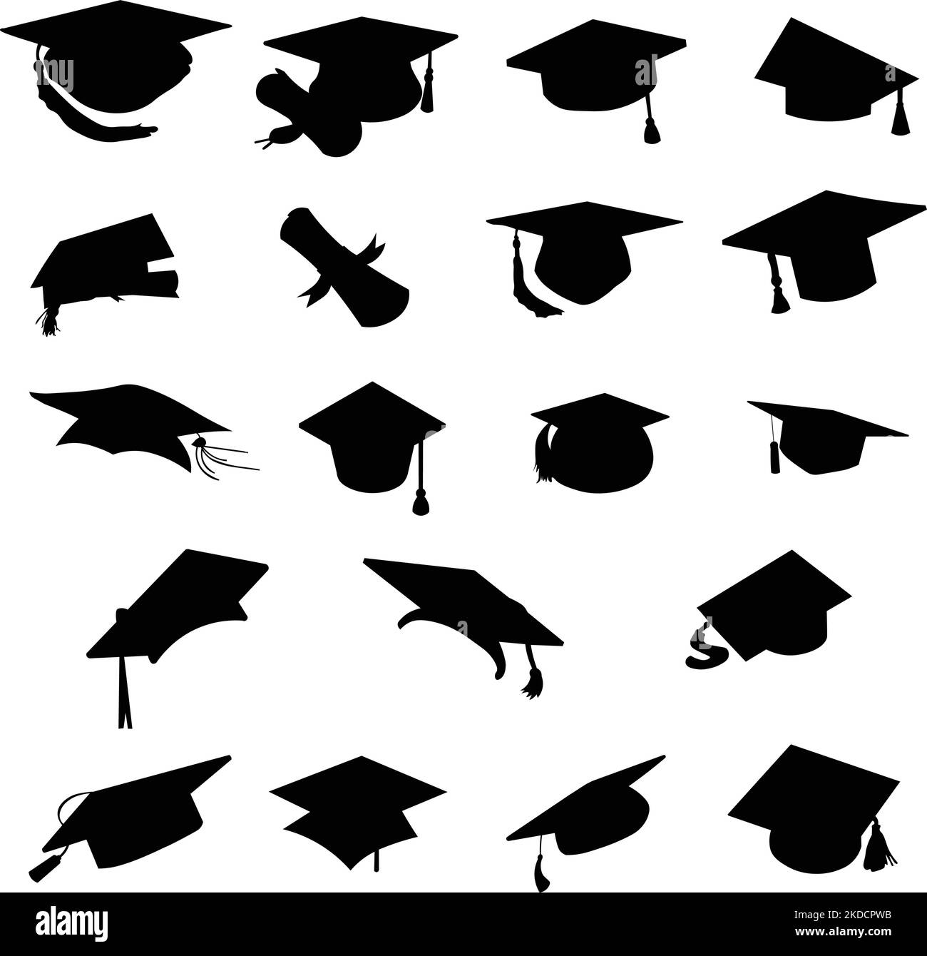A pack of graduation hats and scroll diploma in black isolated on white