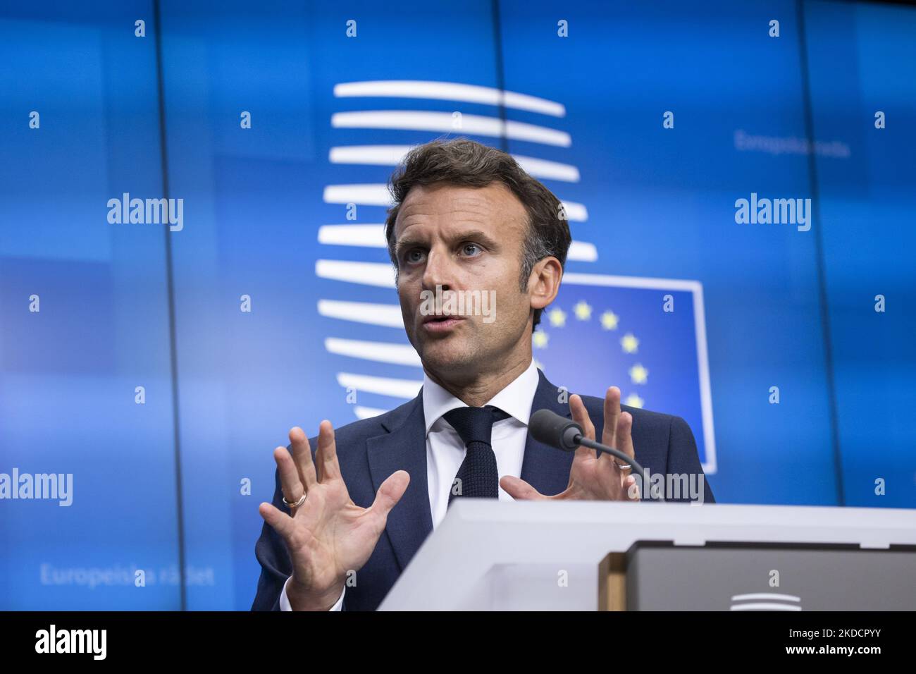 Emmanuel Fail Emmanuel Macron President of the Republic of France talks to the media ...