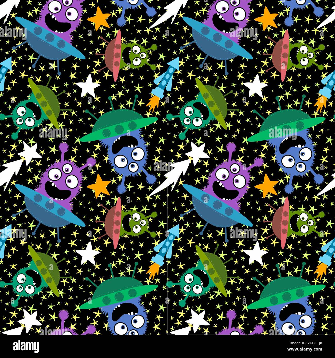 Cartoon aliens monsters seamless spaceship and stars pattern for ...