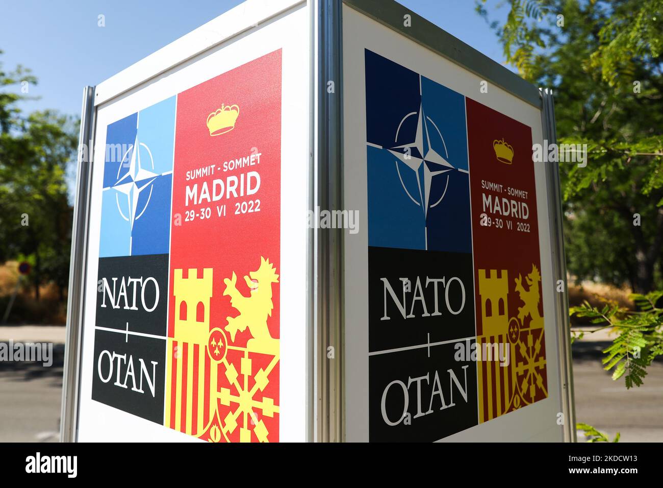 NATO Madrid 2022 Summit emblem is seen on a board near the venue two days before the event start, in Madrid, Span on June 27, 2022. (Photo by Jakub Porzycki/NurPhoto) Stock Photo