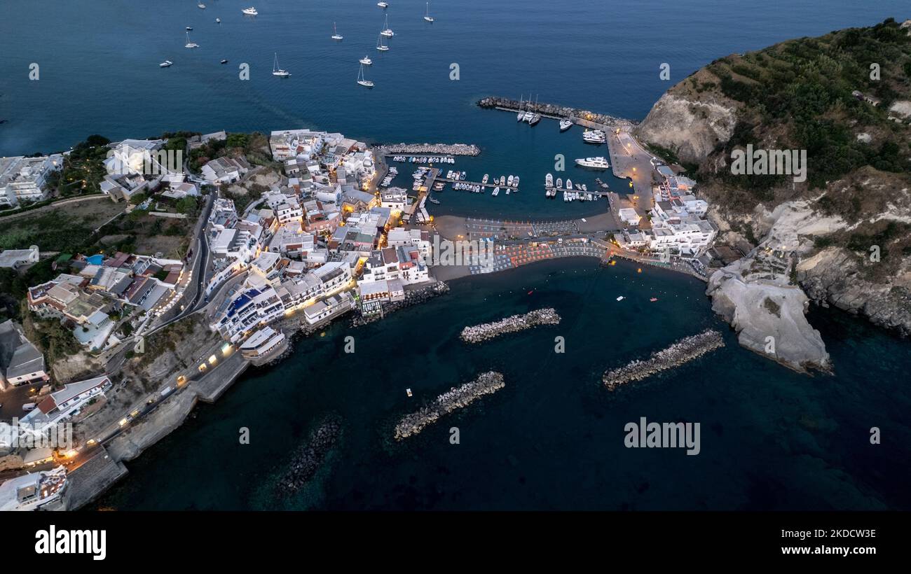 A drone view of Sant'Angelo, Ischia, Italy, on June 26, 2022. Ischia is a volcanic island in the Gulf of Naples, Italy. It's known for its mineral-rich thermal waters. ( (Photo by Manuel Romano/NurPhoto) Stock Photo