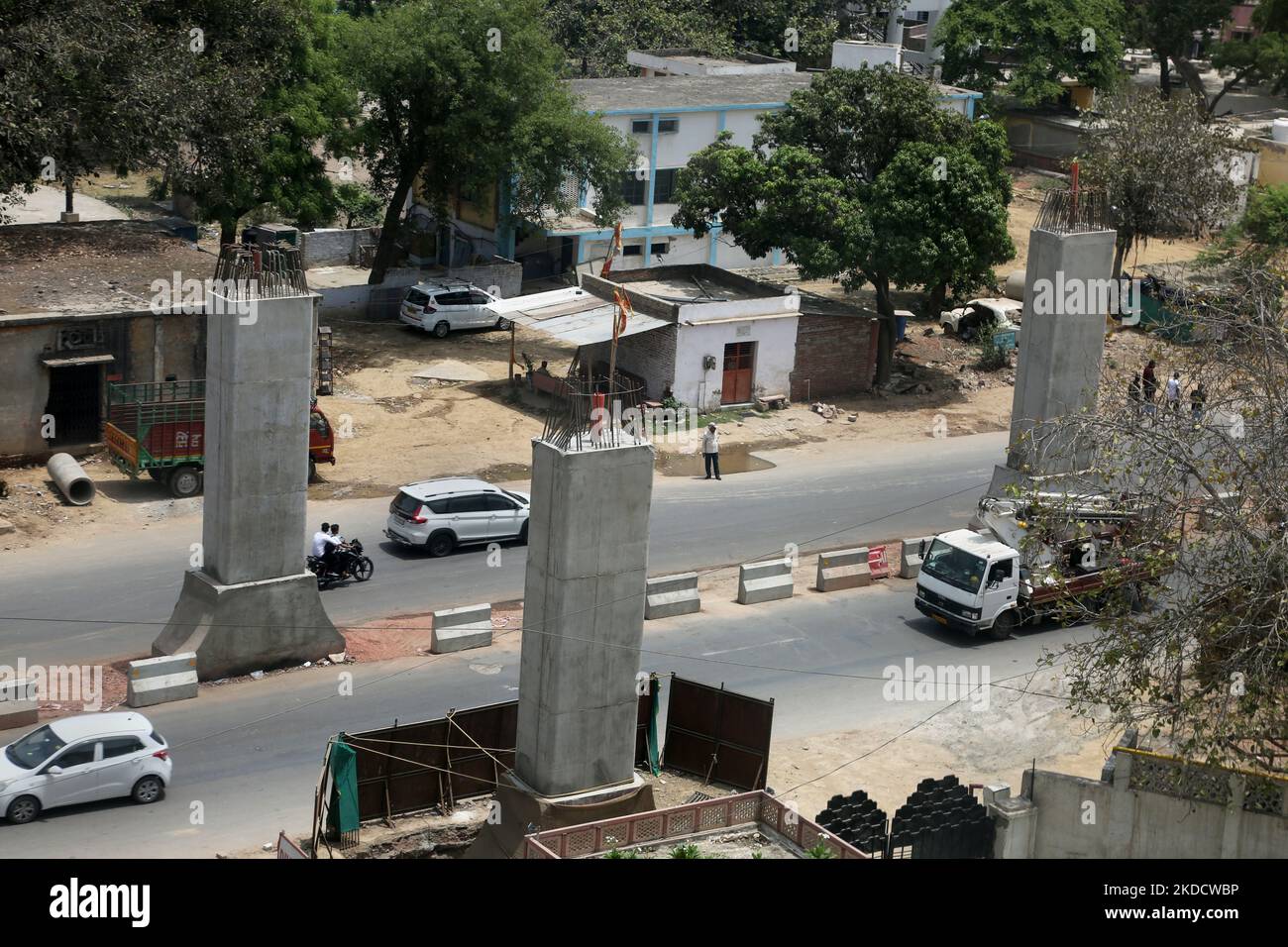 Cement pillars are seen during construction of the Agra Metro project