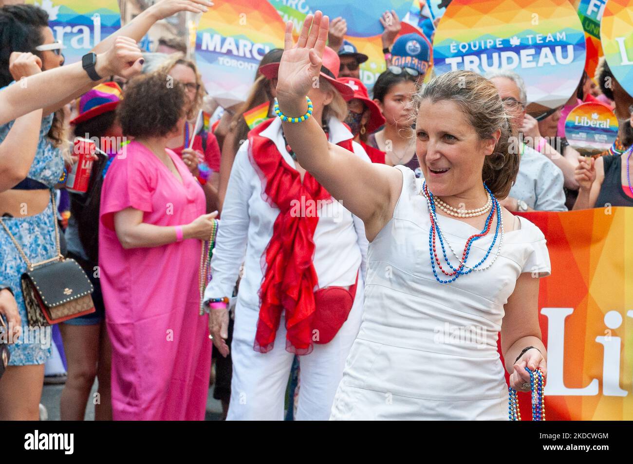 Toronto, ON, Canada – June 26, 2022: Chrystia Freeland is a Canadian politician and member of the Liberal Party, current deputy prime minister of Canada and the minister of finance greets the participants of the Pride Parade 2022 in Toronto (Photo by Anatoliy Cherkasov/NurPhoto) Stock Photo