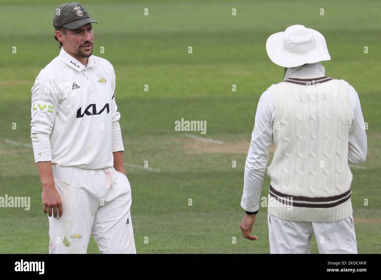 Rory Burns and Hashim Amla both of Surrey chat during the LV= County Championship Division 1 match between Surrey and Kent at the Kia, Oval, London on Tuesday 28th June 2022. (Photo by Robert Smith/MI News/NurPhoto) Stock Photo
