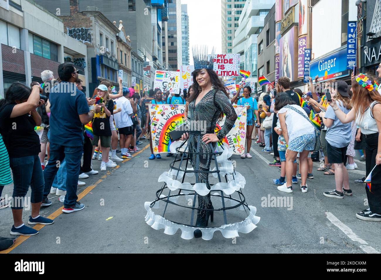 Toronto, ON, Canada – June 26, 2022: Parade Transgender posing for a photo at the 2022 Annual Pride Parade of Pride Month in Toronto Downtown (Photo by Anatoliy Cherkasov/NurPhoto) Stock Photo