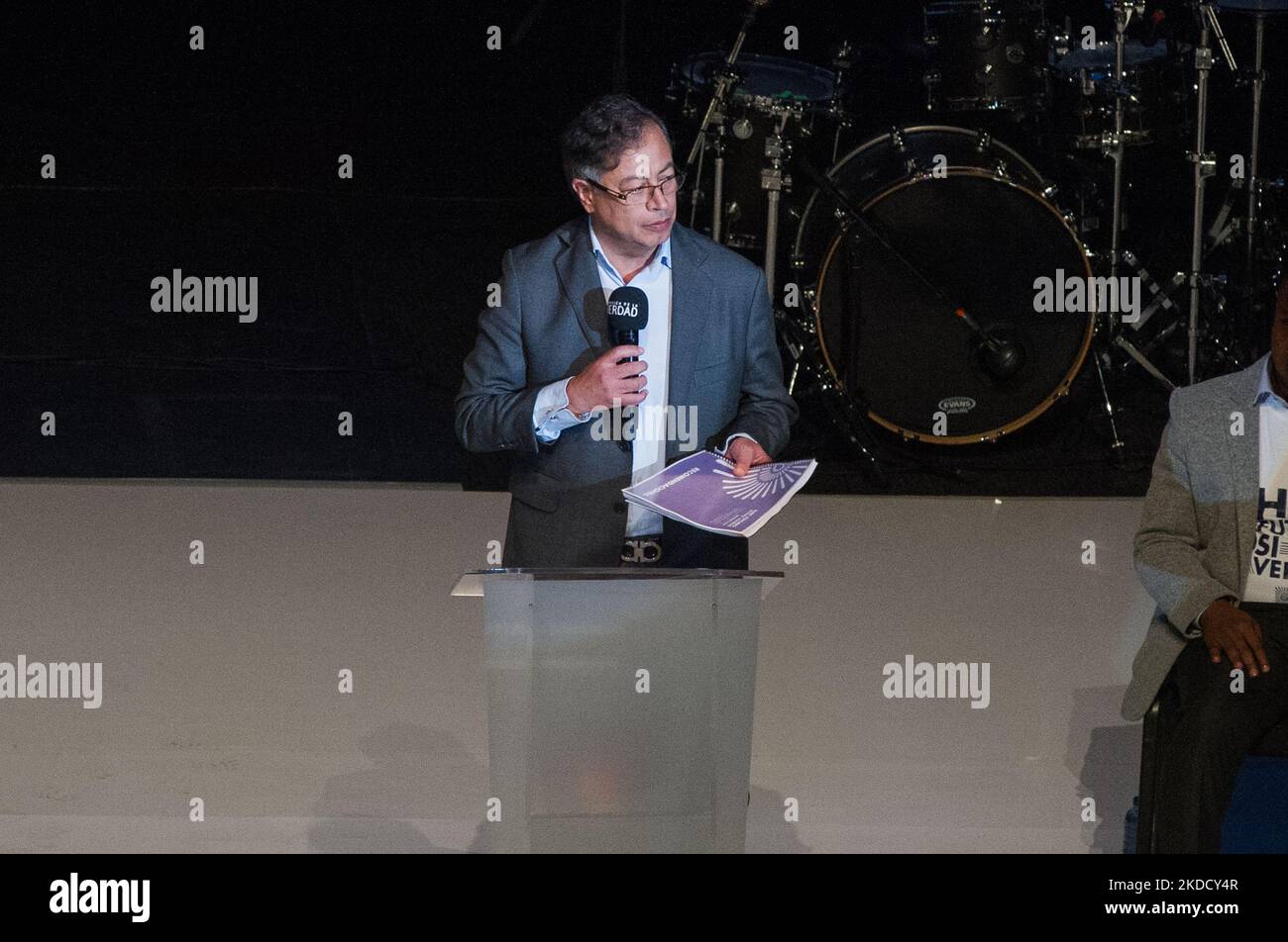 Colombia's president-elect Gustavo Petro holds the truth commission final report during the presentation of the final report of the commission, in Bogota, Colombia, June 28, 2022. (Photo by Sebastian Barros/NurPhoto) Stock Photo