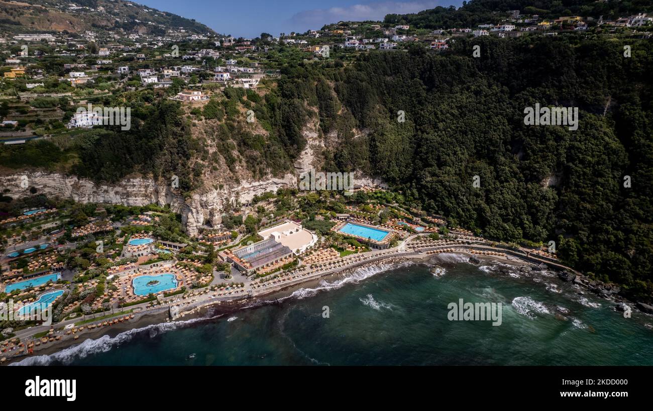 A drone view of the Giardini Poseidon Terme, the largest thermal park of the island of Ischia, on June 29, 2022. (Photo by Manuel Romano/NurPhoto) Stock Photo