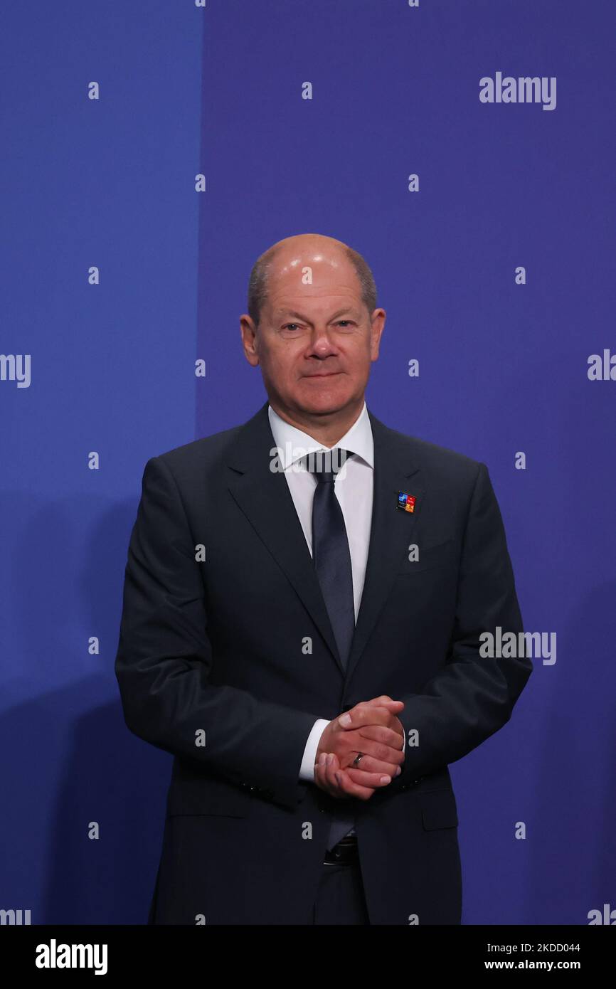 Chancellor of Germany Olaf Scholz during the welcome ceremony of the NATO Summit in Madrid, Spain on June 29, 2022. (Photo by Jakub Porzycki/NurPhoto) Stock Photo