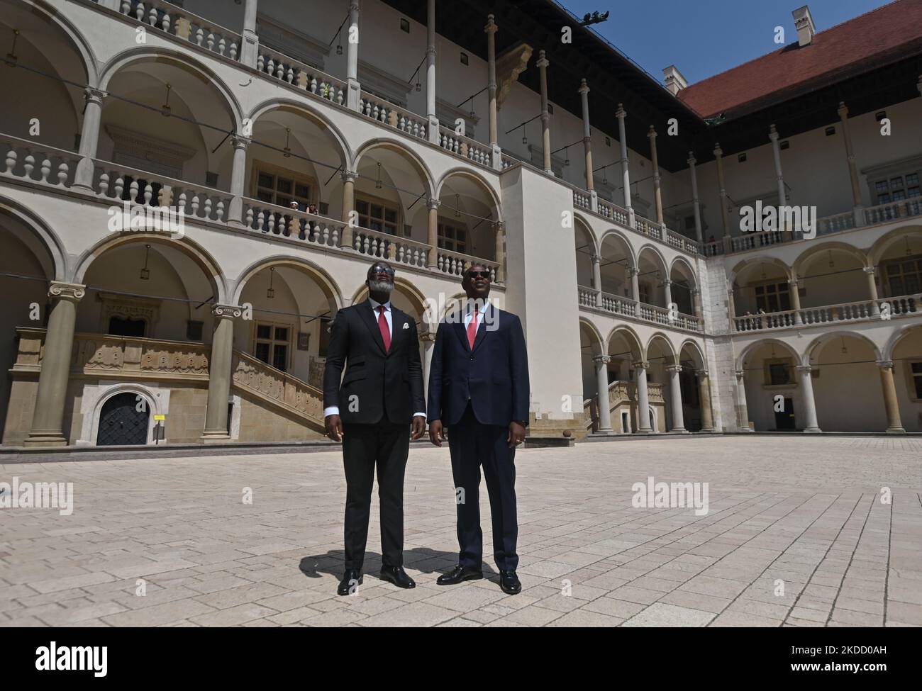 Nuno Gomes Nabiam (R), Prime Minister of Guinea-Bissau and Fidelis Forbs (L), Minister of Public Works, Housing and Urban Planning of Guinea-Bissau during the visit of Wawel Castle in Krakow. Both politicians traveled to Poland to take part in a major United Nations conference on urban development in Katowice this week. On Wednesday, June 29, 2022, in Wawel Castle, Krakow, Poland. (Photo by Artur Widak/NurPhoto) Stock Photo