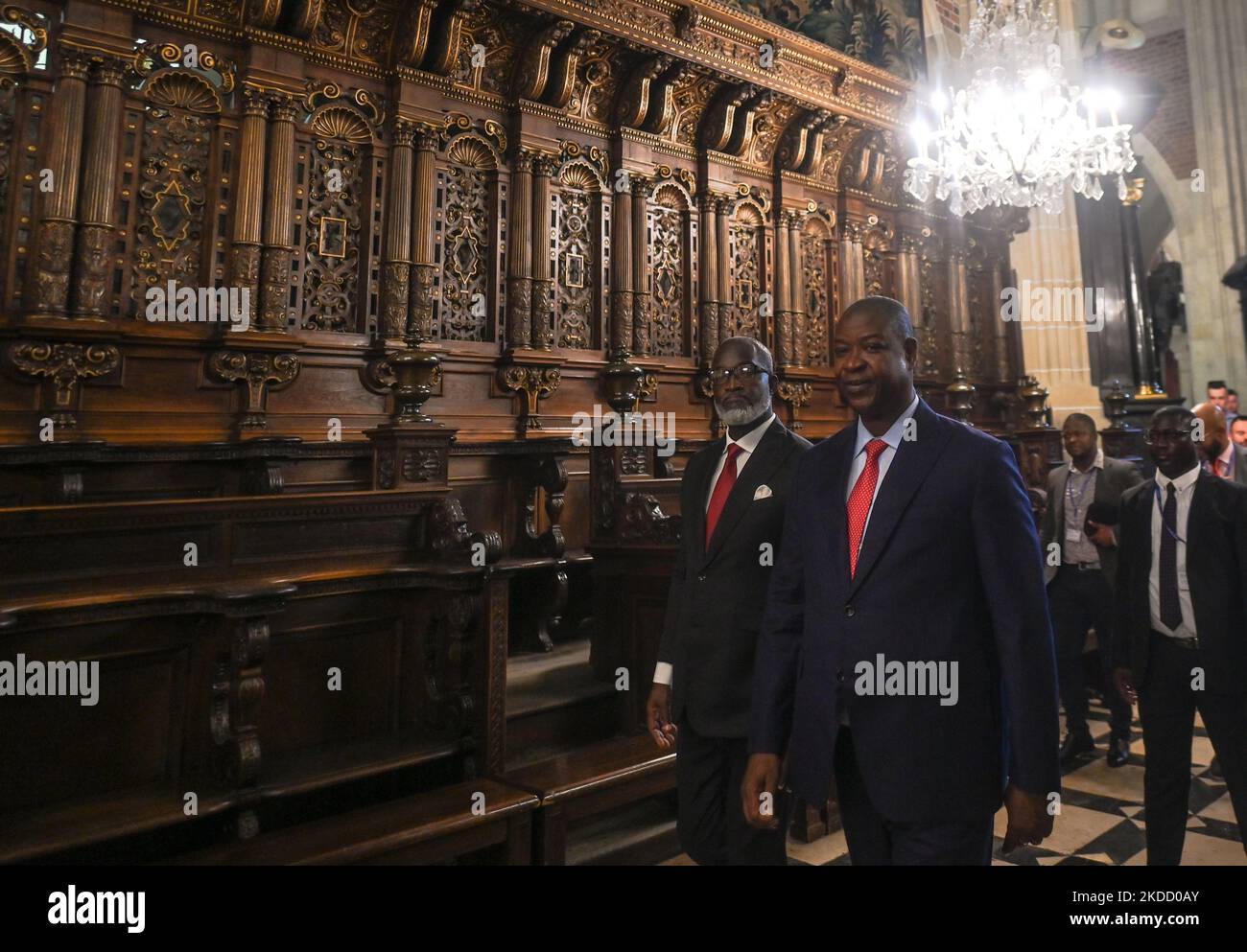 Nuno Gomes Nabiam (R), Prime Minister of Guinea-Bissau and Fidelis Forbs (L), Minister of Public Works, Housing and Urban Planning of Guinea-Bissau during the visit of Wawel Castle in Krakow. Both politicians traveled to Poland to take part in a major United Nations conference on urban development in Katowice this week. On Wednesday, June 29, 2022, in Wawel Castle, Krakow, Poland. (Photo by Artur Widak/NurPhoto) Stock Photo