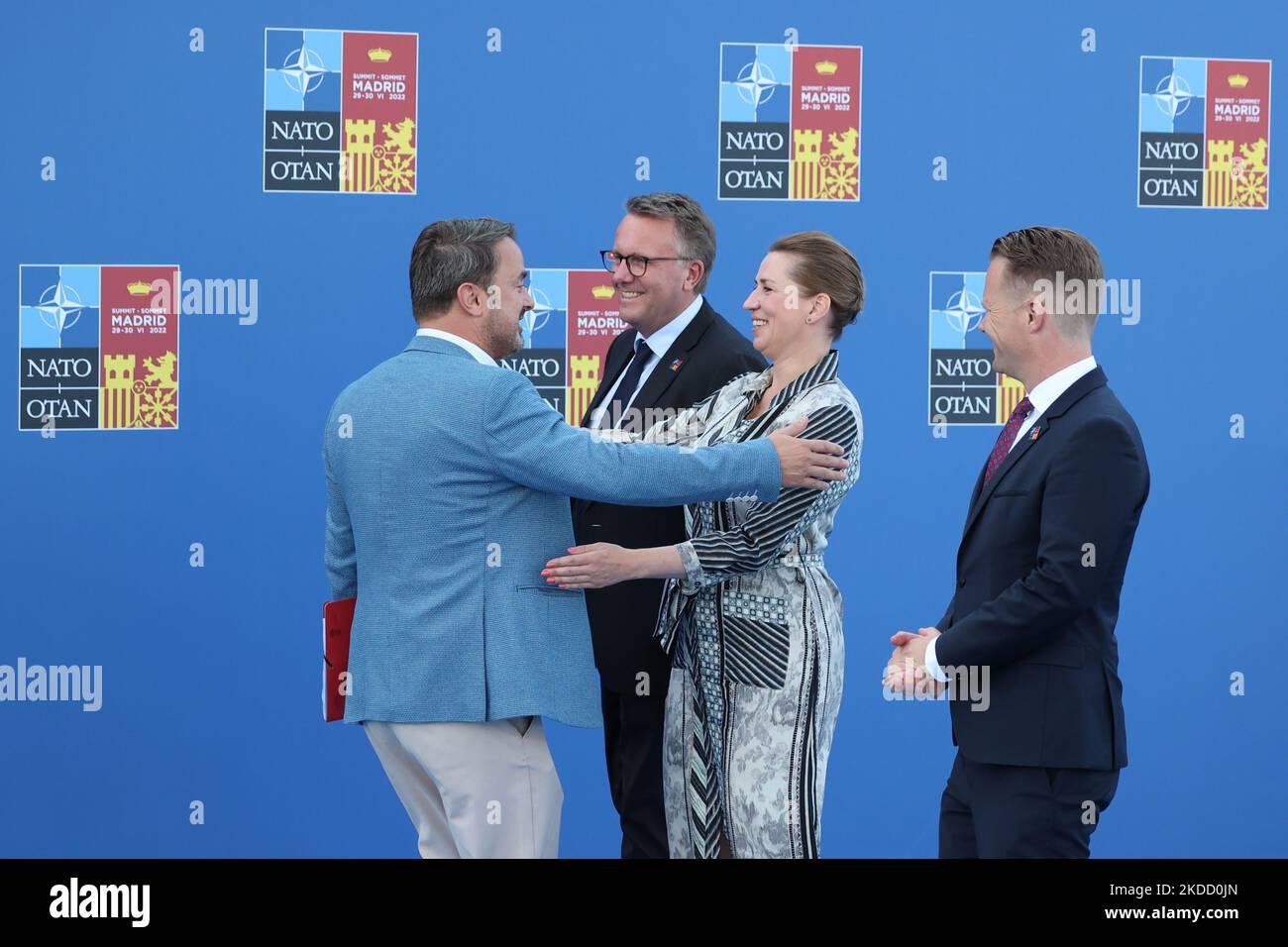 Prime Minister of Luxembourg Xavier Bettel and Prime Minister of Denmark Mette Frederiksen arrive to the venue on the last day of the NATO Summit in Madrid, Spain on June 30, 2022. (Photo by Jakub Porzycki/NurPhoto) Stock Photo