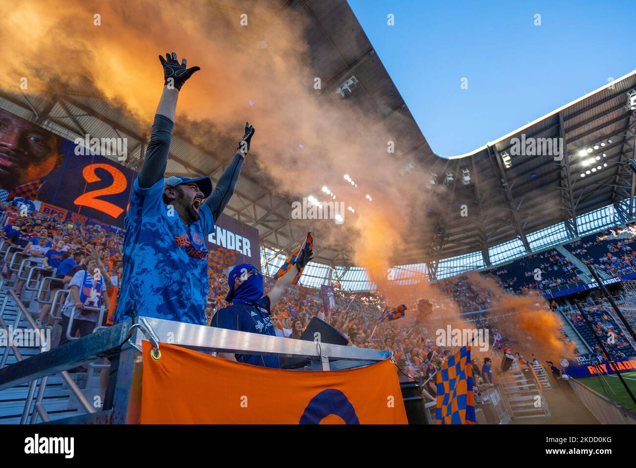 FC Cincinnati fans celebrate after a goal during a Major League Soccer match between FC Cincinnati and New York FC that ended in a 4-4 tie at TQL Stadium in Cincinnati, Ohio. Wednesday, June 29, 2022. (Photo by Jason Whitman/NurPhoto) Stock Photo