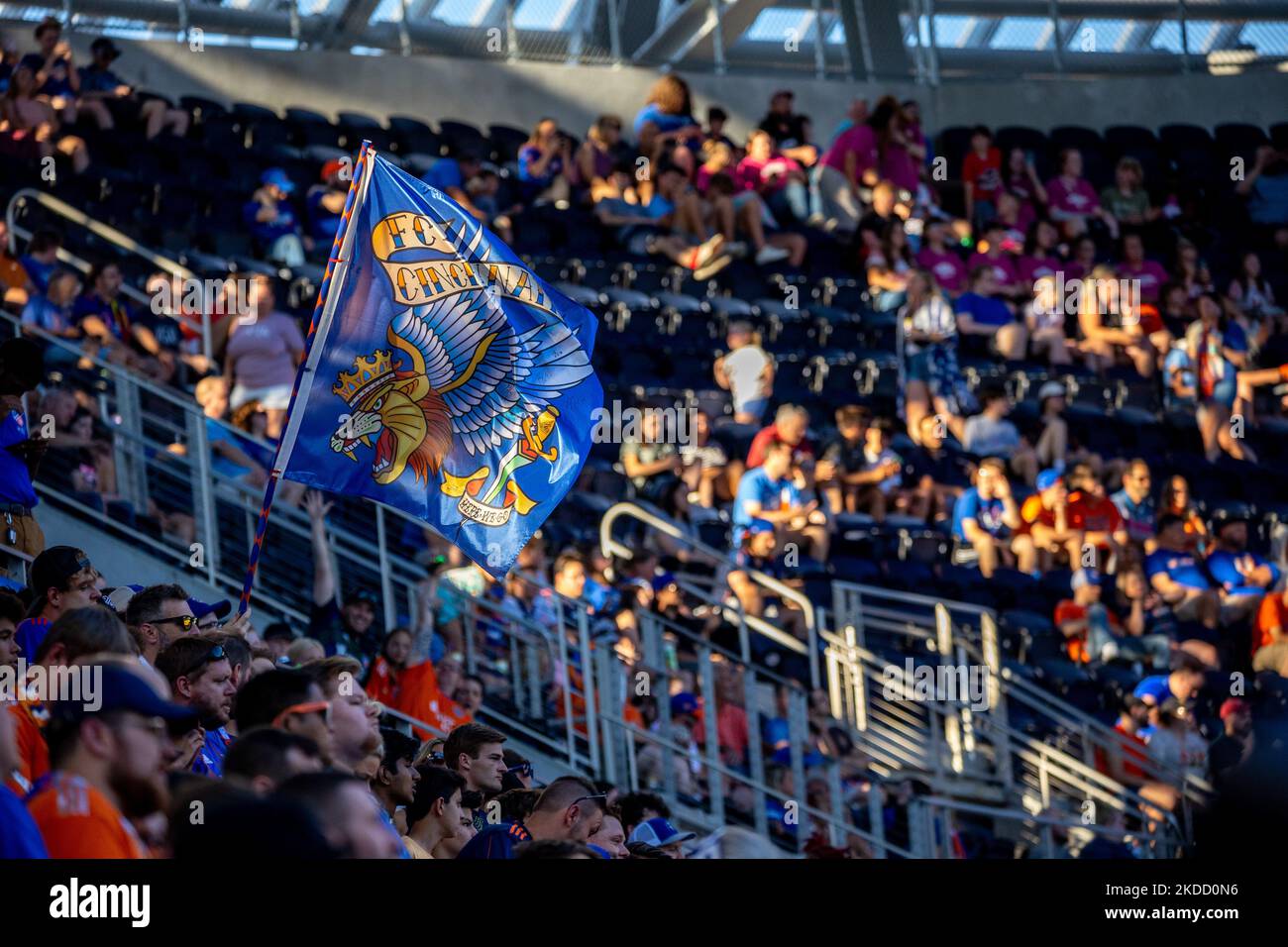 FC Cincinnati fans celebrate after a goal during a Major League Soccer match between FC Cincinnati and New York FC that ended in a 4-4 tie at TQL Stadium in Cincinnati, Ohio. Wednesday, June 29, 2022. (Photo by Jason Whitman/NurPhoto) Stock Photo