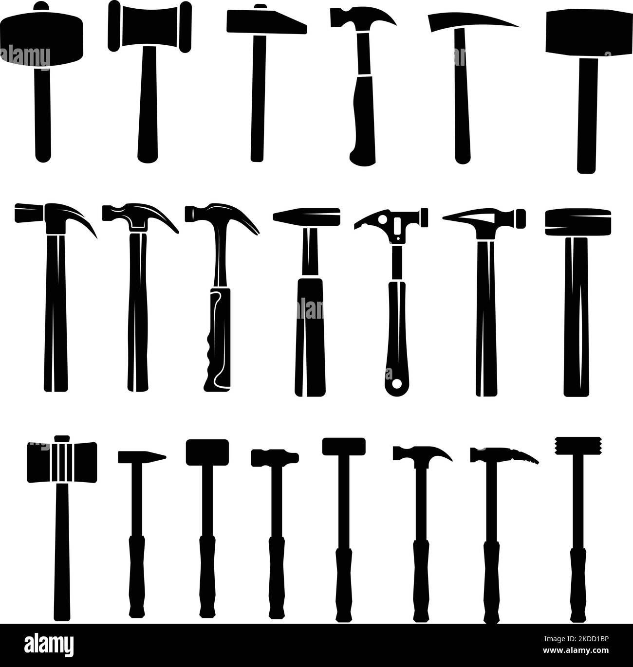 A set of silhouette clip art of different hammer shapes Stock Vector
