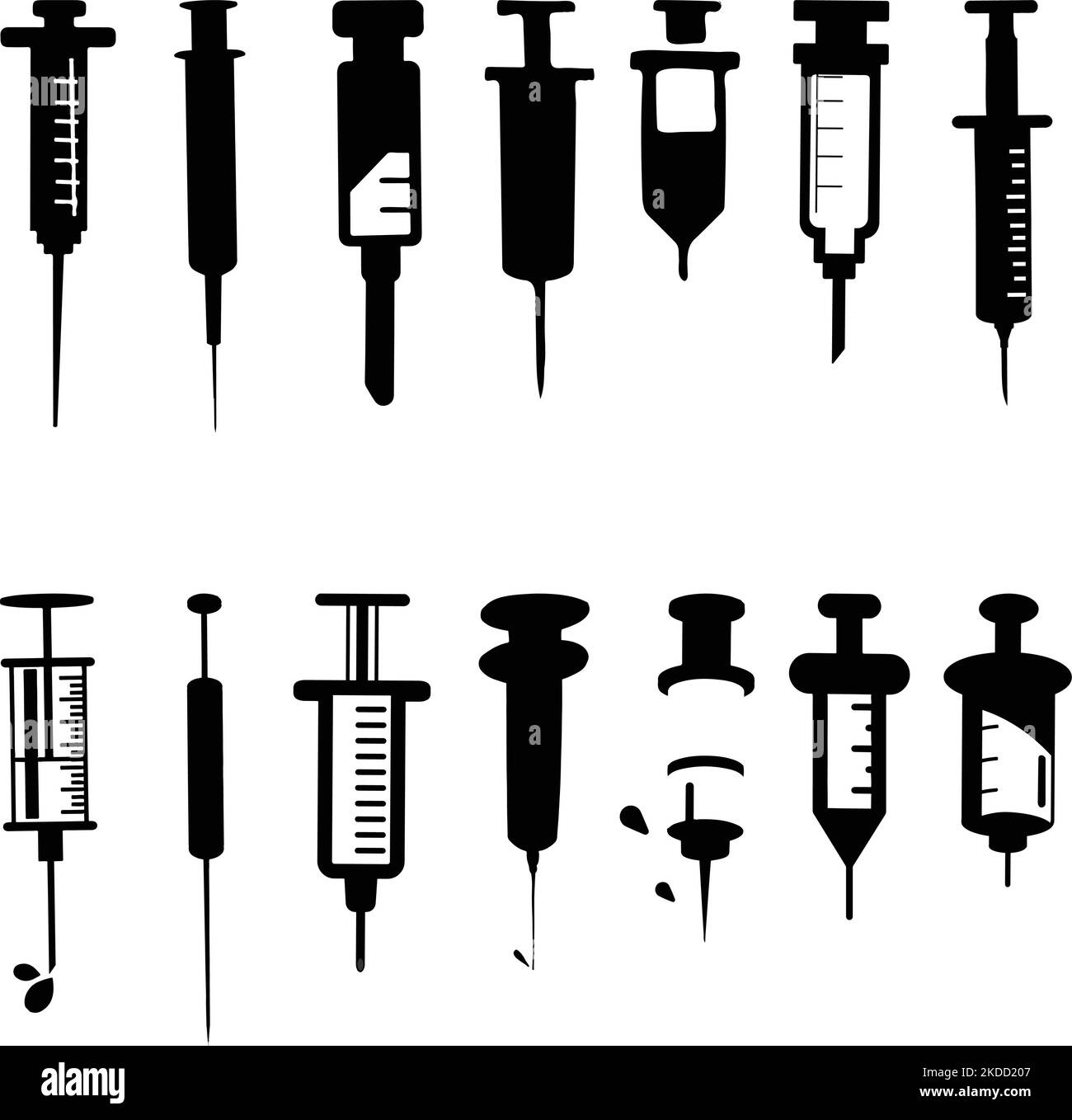 A pack of syringe SVG cut files (needles) silhouettes on the white background Stock Vector