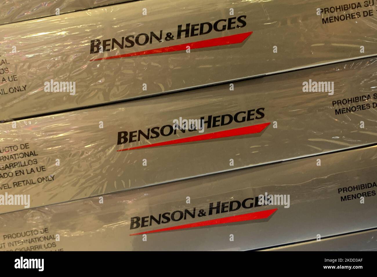 Benson&Hedges packaging are seen in a travel retail store in Madrid