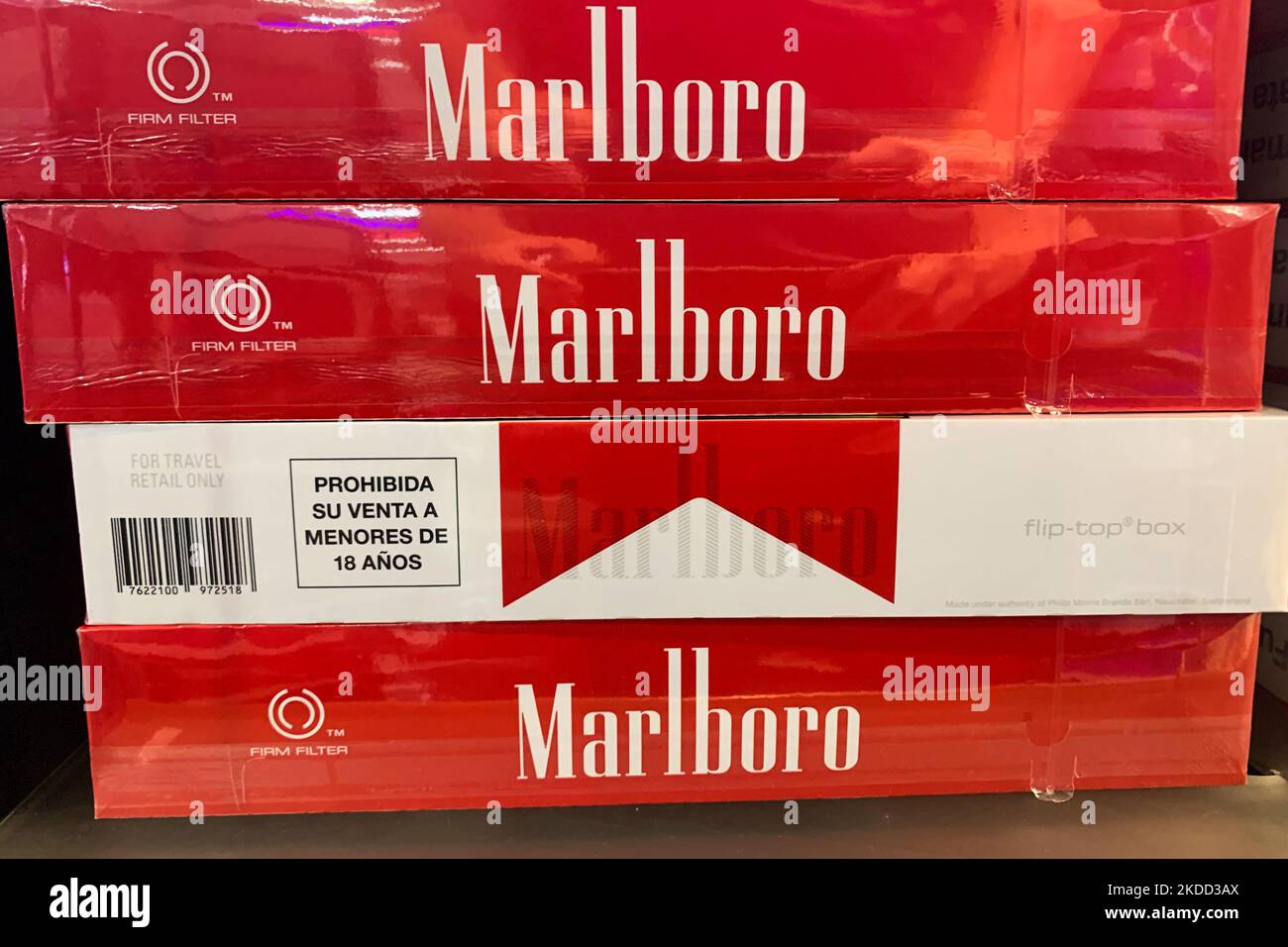 Marlboro packaging are seen in a travel retail store in Madrid, Spain on July 1, 2022. (Photo by Jakub Porzycki/NurPhoto) Stock Photo