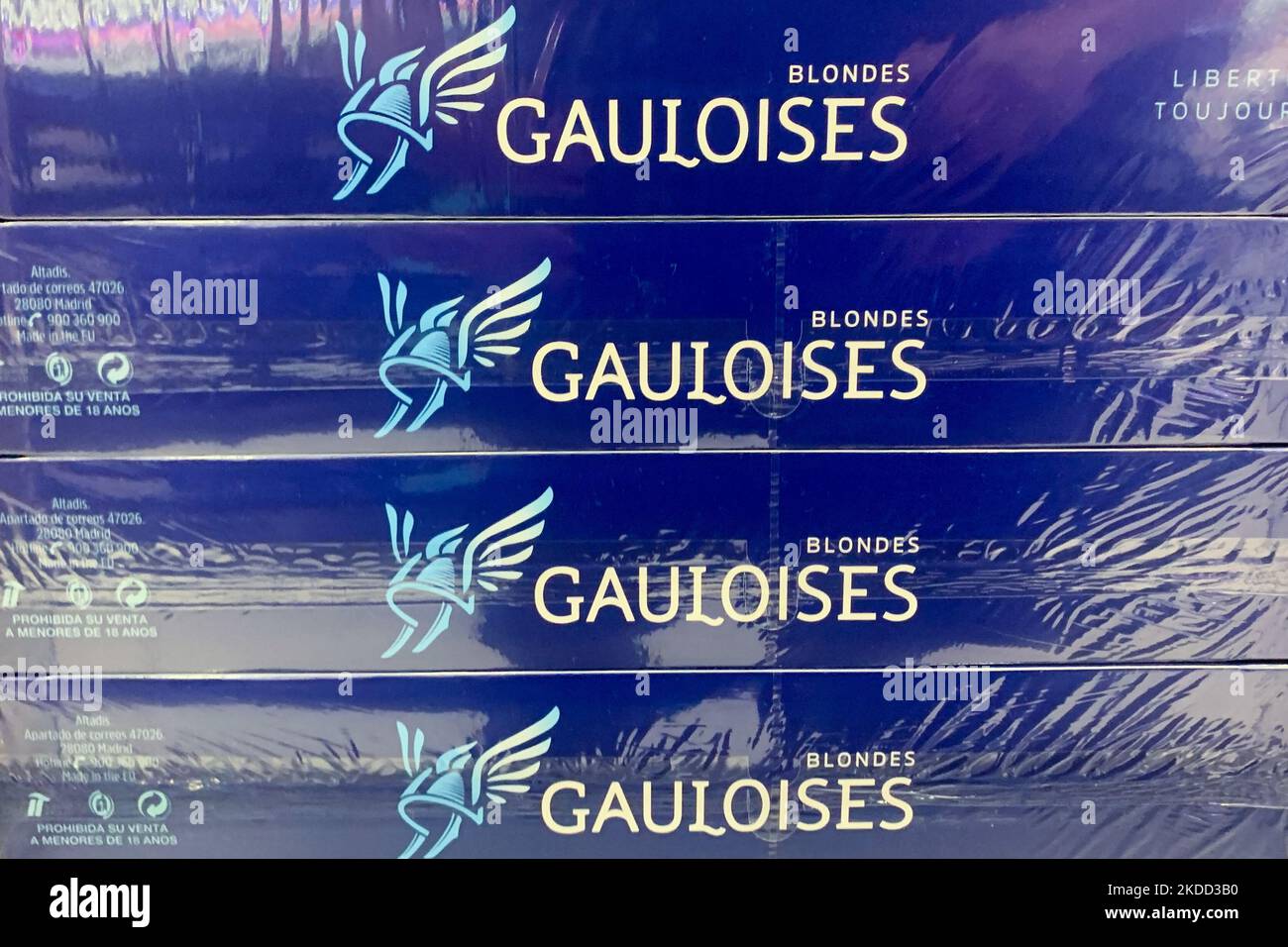 Gauloises packaging are seen in a travel retail store in Madrid, Spain on July 1, 2022. (Photo by Jakub Porzycki/NurPhoto) Stock Photo