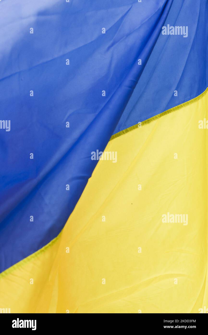 Flag of Ukraine is seen in Warsaw, Poland on July 2nd. 2022. (Photo by Beata Zawrzel/NurPhoto) Stock Photo