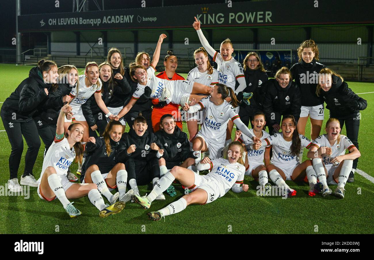 Players of Leuven pictured celebrating after winning a female soccer
