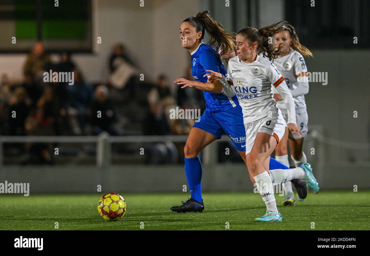Romy Camps (3) of Genk pictured in a duel with Marie Detruyer (8) of
