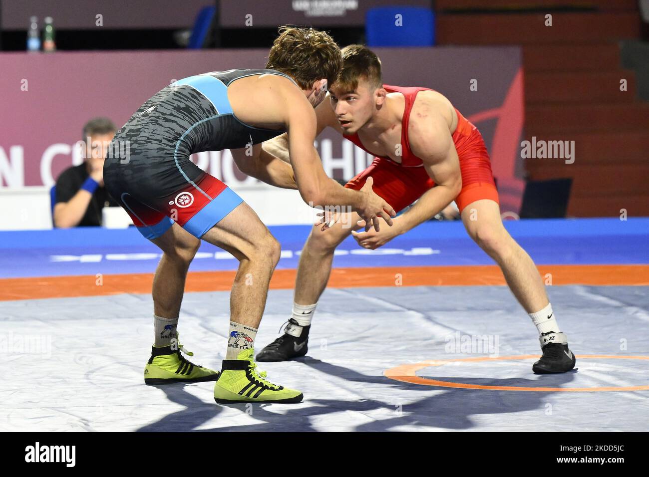 Daviti ABDALADZE (GEO) vs Khamzat Timourovitch ARSAMERZOUEV (FRA)) during the Final of Greco-Roman Freestyle 61kg U20 European Championships at PalaPellicone - Fijlkam, 3th July 2022, Rome, Italy (Photo by Domenico Cippitelli/LiveMedia/NurPhoto) Stock Photo