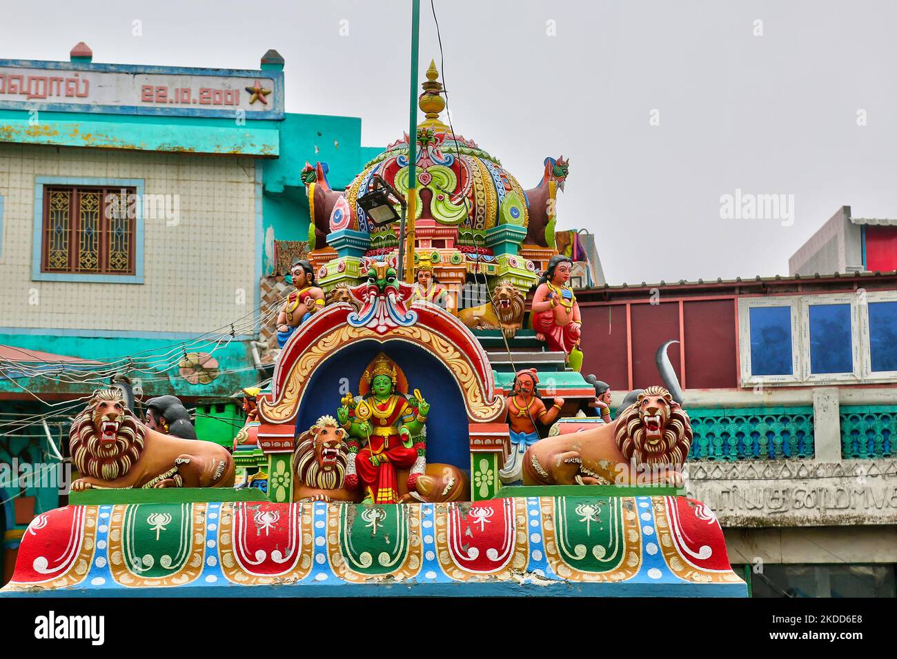 Colorful figures of Hindu deities adorn an Amman temple in the Poombarai Village in Kodaikanal, Tamil Nadu, India, on May 17, 2022. The Poombarai village is located in the heart of the Palani hills at an elevation of around 6300 feet above sea-level. (Photo by Creative Touch Imaging Ltd./NurPhoto) Stock Photo