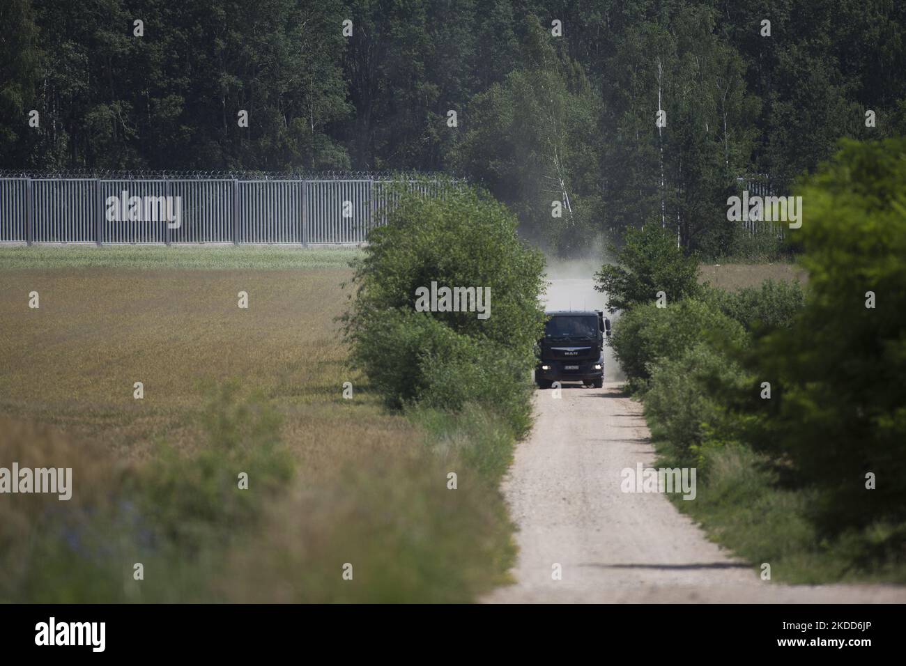 Poland Belarus border wall seen near Zubrzyca Mala and Usnarz Gorny on July 2, 2022. (Photo by Maciej Luczniewski/NurPhoto) Stock Photo