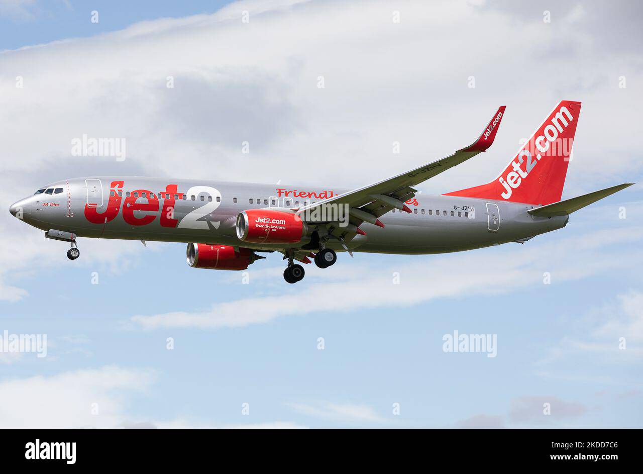 A Jet2 Boeing 737 lands at Newcastle Airport, Newcastle, England on
