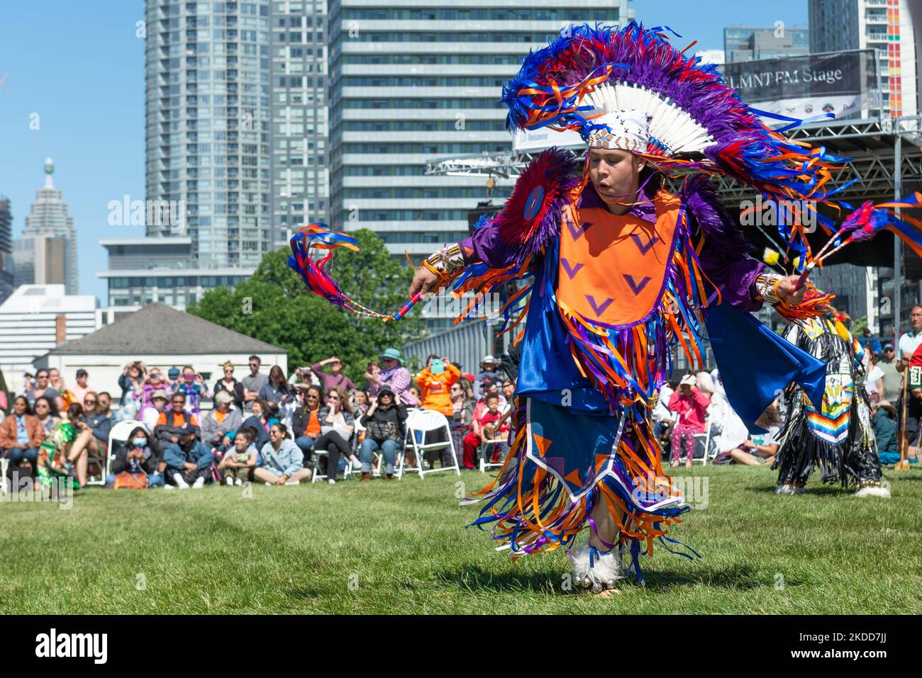 Toronto, ON, Canada - June 18, 2022: Dancer during the National Aboriginal Day and Indigenous Arts Festival. The festival celebrates Indigenous and Metis culture through traditional and contemporary music, educational programming, storytelling, dance, theatre, and food (Photo by Anatoliy Cherkasov/NurPhoto) Stock Photo