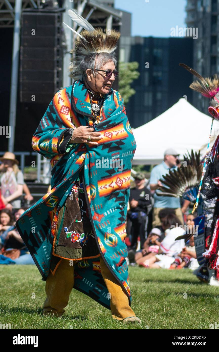 Toronto, ON, Canada - June 18, 2022: Dancer during the National Aboriginal Day and Indigenous Arts Festival. The festival celebrates Indigenous and Metis culture through traditional and contemporary music, educational programming, storytelling, dance, theatre, and food (Photo by Anatoliy Cherkasov/NurPhoto) Stock Photo