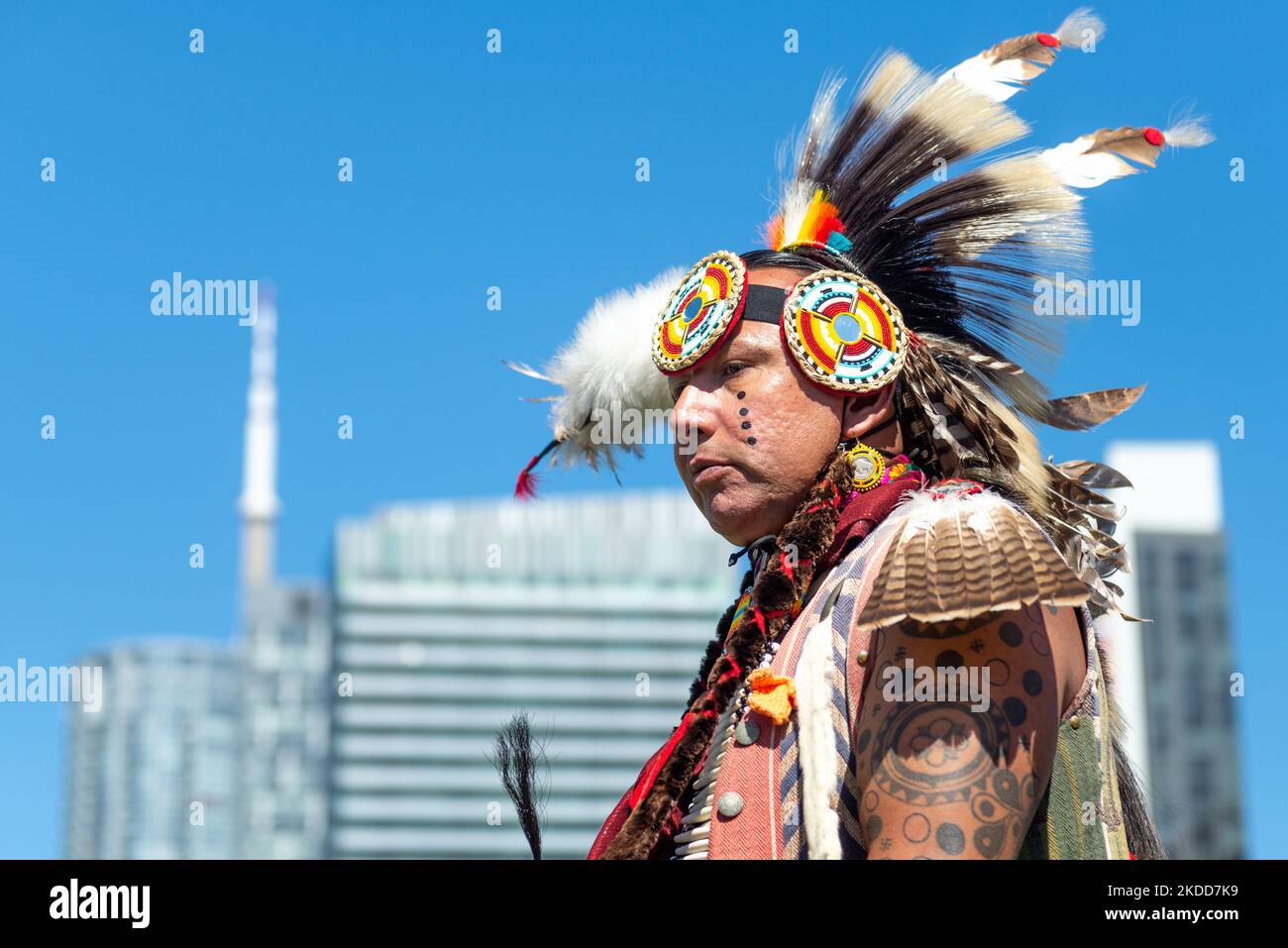 Toronto, ON, Canada - June 18, 2022: Dancer during the National Aboriginal Day and Indigenous Arts Festival. The festival celebrates Indigenous and Metis culture through traditional and contemporary music, educational programming, storytelling, dance, theatre, and food (Photo by Anatoliy Cherkasov/NurPhoto) Stock Photo