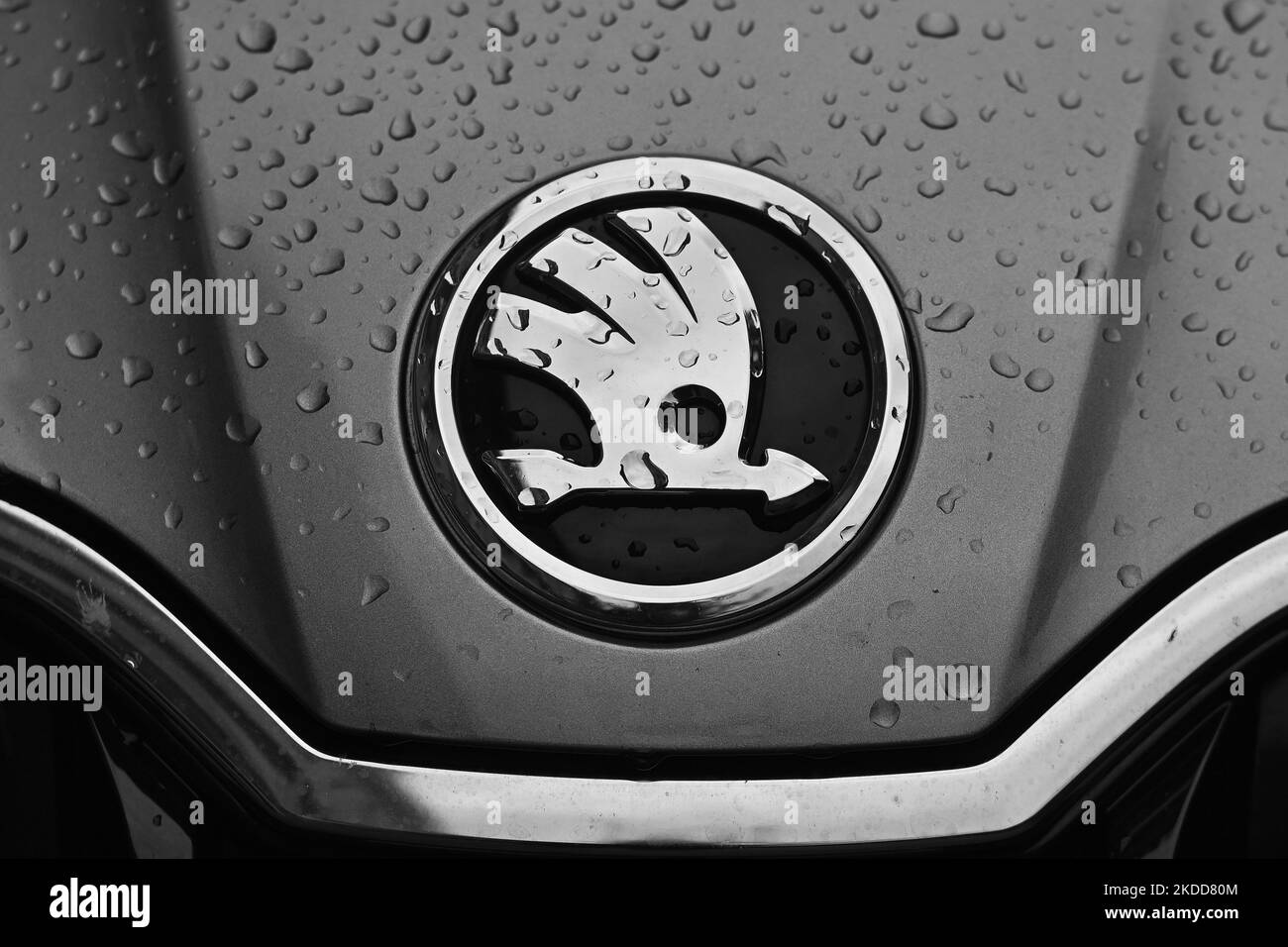 SKODA logo seen on Skoda vehicle parked in Krakow center. On Tuesday, July 05, 2022, in Krakow, Poland. (Photo by Artur Widak/NurPhoto) Stock Photo