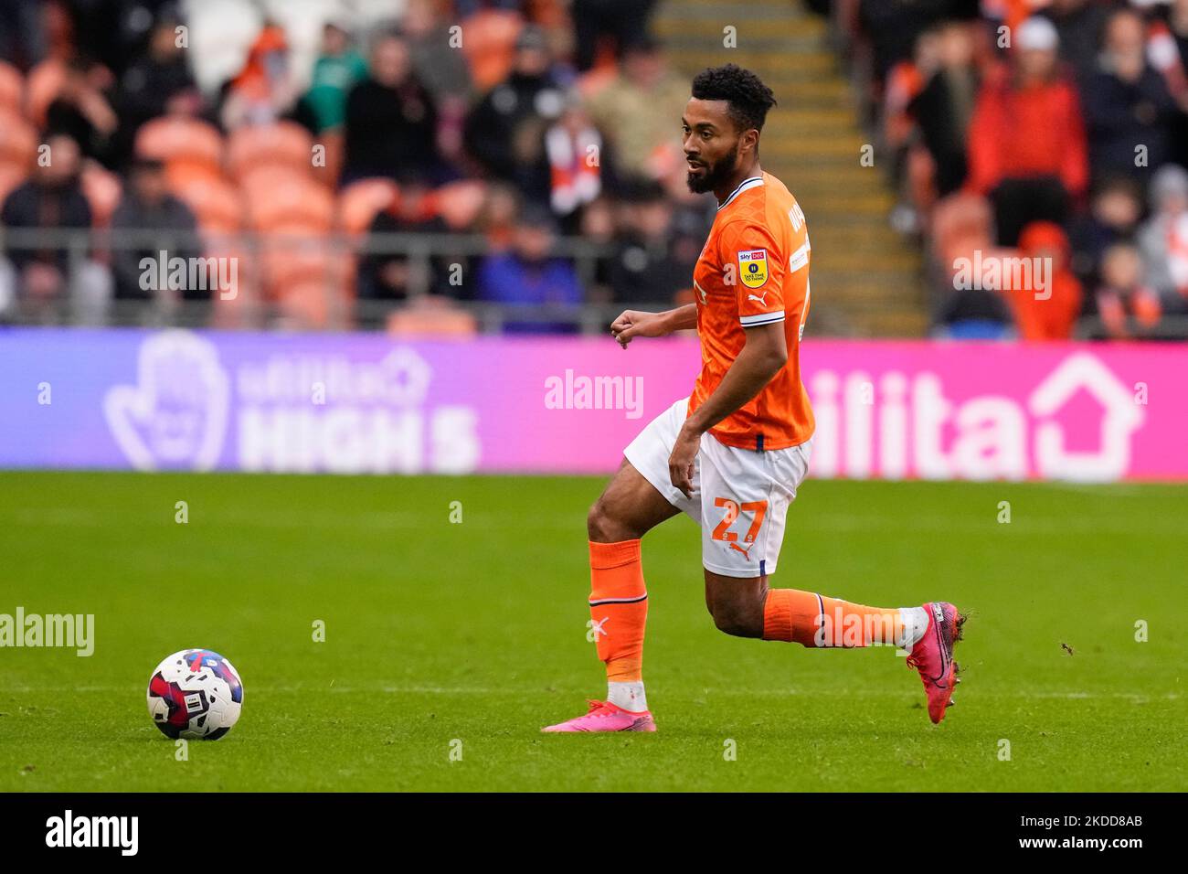 Grant Ward 27 of Blackpool during the Sky Bet Championship match