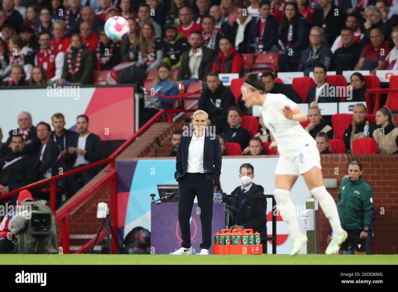 Sarina Wiegman, England manager, watches on the ball during the UEFA Women's Euro 2022 opening match in Group A between England and Austria at Old Trafford, Manchester on Wednesday 6th July 2022. (Photo by Pat Scaasi/MI News/NurPhoto) Stock Photo