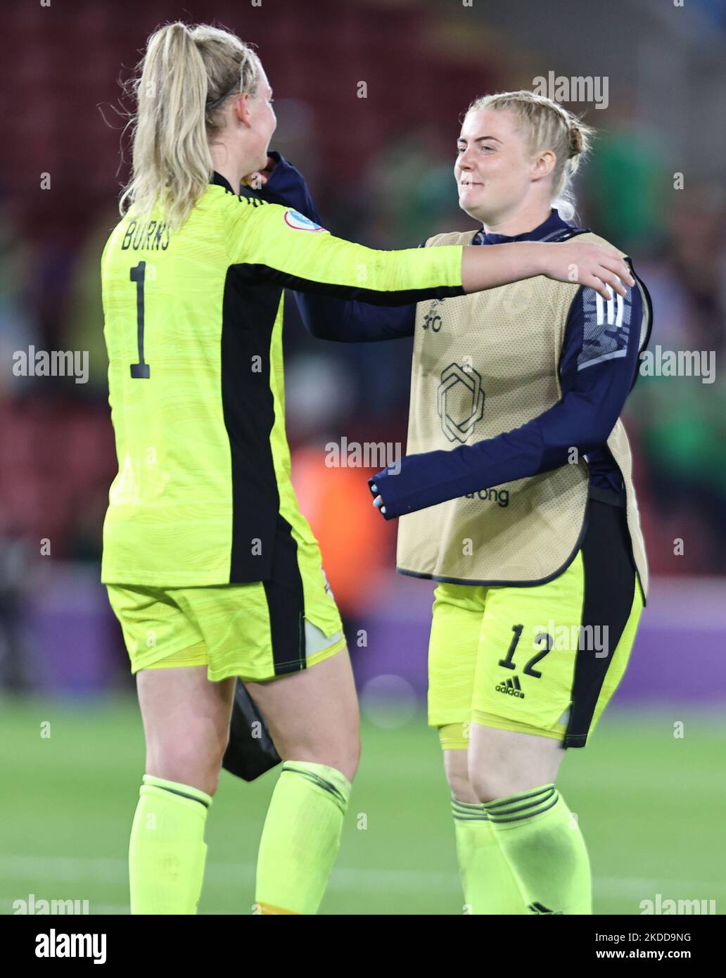 L-R Jackie Burns (Lee University) of Northern Ireland and Becky Flaherty(Huddersfield Town)of Northern Ireland during European Women's Championship 2022 Final Tournament Group A between Norway against Northern Ireland at St.Marys Stadium, London on 07th July , 2022 (Photo by Action Foto Sport/NurPhoto) Stock Photo