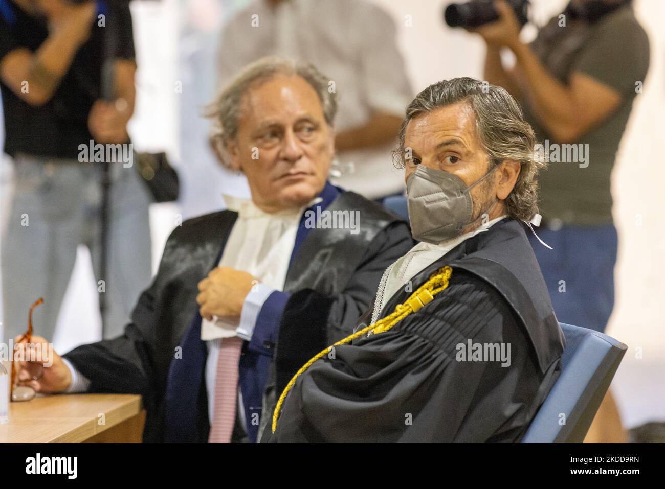Giovanni Paolo Accinni and Guido Carlo Alleva, lawyers of former CEO of Atlantia Giovanni Castellucci, during the first hearing of the trial for the Morandi bridge collapse at the Genoa's Palace of Justice. The former CEO of Atlantia Giovanni Castellucci (not present today) will be tried, along with 58 others, for the collapse of Genoa's Morandi bridge where forty-three people died on August 14, 2018, after a storm. The relatives of the victims will be able to see the proceedings outside the court on the screen in the conference hall of Genoa court. (Photo by Mauro Ujetto/NurPhoto) Stock Photo