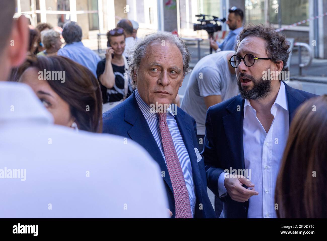 Guido Carlo Alleva, lawyer of former CEO of Atlantia Giovanni Castellucci, talks to journalists outside the Genoa's Palace of Justice. The former CEO of Atlantia Giovanni Castellucci (not present today) will be tried, along with 58 others, for the collapse of Genoa's Morandi bridge where forty-three people died on August 14, 2018, after a storm. The relatives of the victims will be able to see the proceedings outside the court on the screen in the conference hall of Genoa court. (Photo by Mauro Ujetto/NurPhoto) Stock Photo