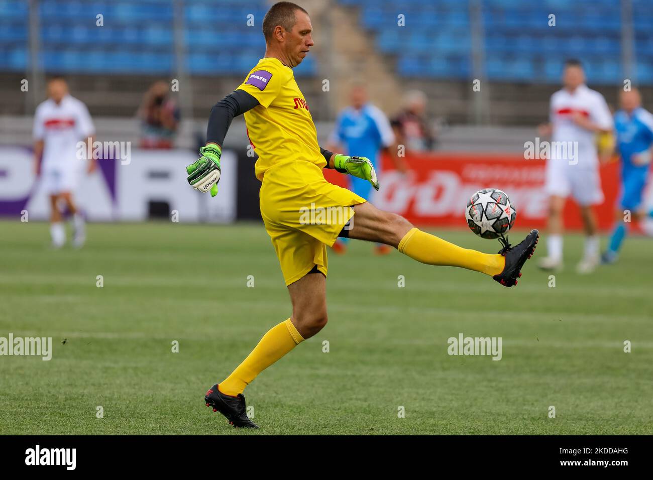 Spartak Moscow football legend Aleksandr Filimonov in action during the Match of Legends friendly match between Zenit St. Petersburg Legends team and Spartak Moscow Legends team on July 8, 2022 at Petrovsky Stadium in St. Petersburg, Russia. (Photo by Mike Kireev/NurPhoto) Stock Photo
