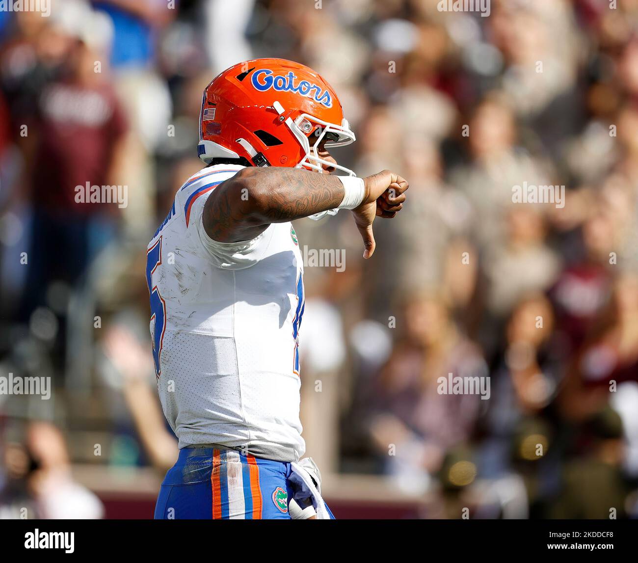 November 5, 2022: Florida quarterback Anthony Richardson (15) gestures with a thumbs down toward the home fans after scoring on a 10-yard touchdown carry during an NCAA college football game between Texas A&M and Florida on Nov. 5, 2022 in College Station. Florida won 41-24. (Credit Image: © Scott Coleman/ZUMA Press Wire) Stock Photo
