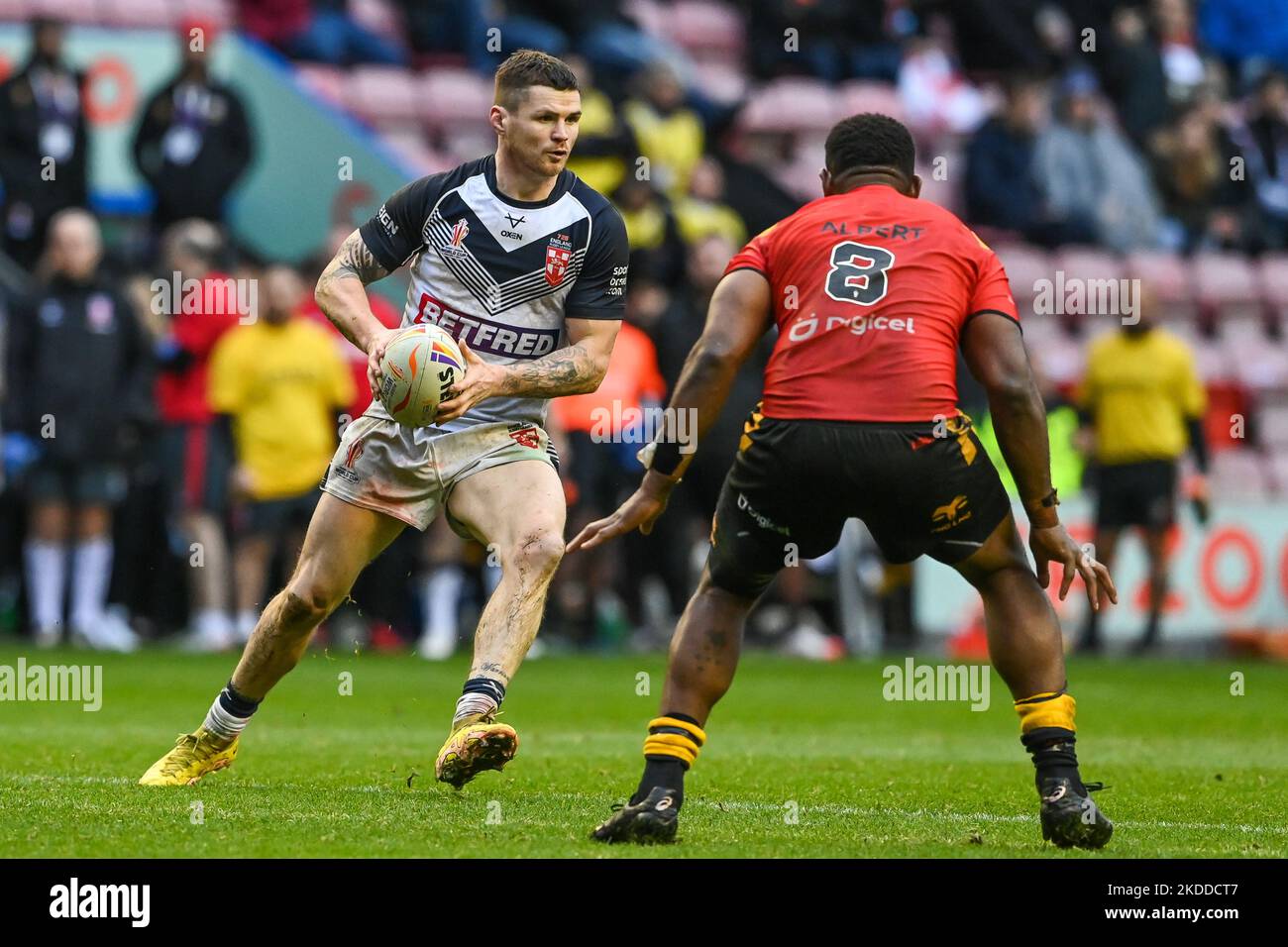 John Bateman of England makes a break during the Rugby League World Cup ...