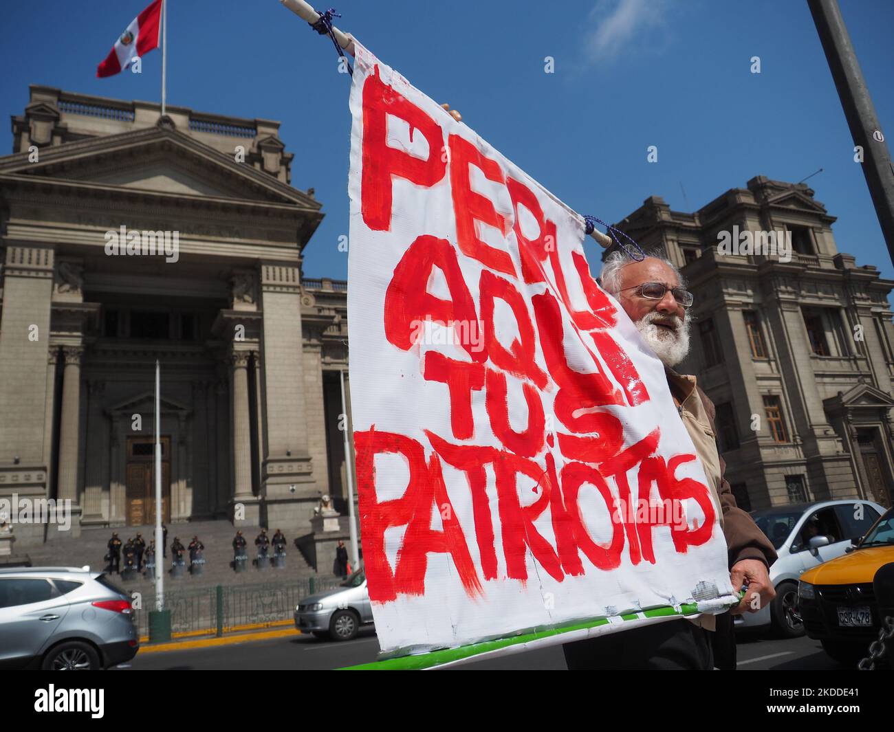 'Peru, here your patriots' can be read on a banner when thousands of people take to the streets, once again, to protest against President Pedro Castillo. Castillo, who is immersed in several investigations for alleged acts of corruption in which his closest entourage would also be involved, has requested the intervention of the OAS in order to support his regime. Stock Photo
