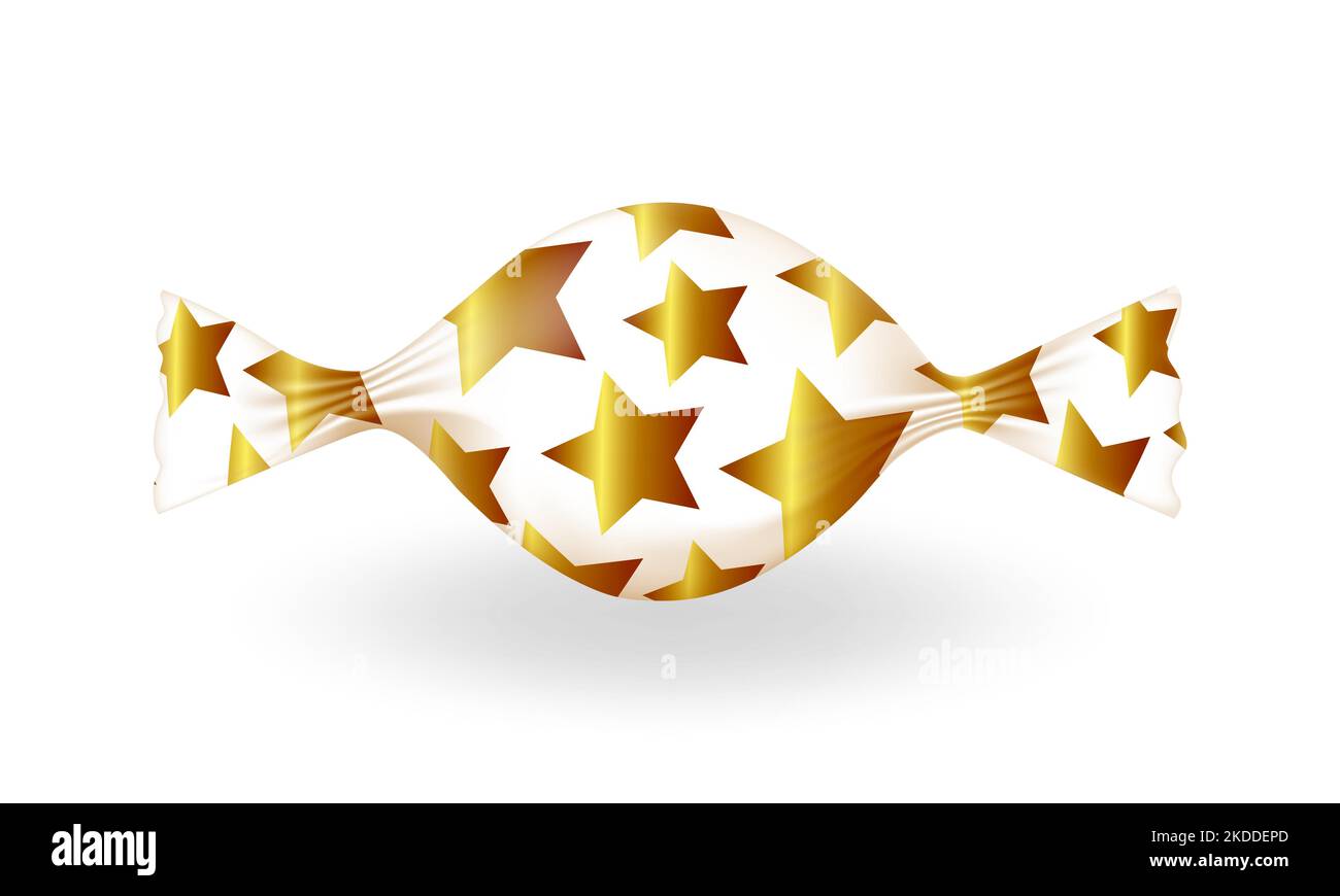 Candy in a wrapper with golden stars. Candy isolated on white