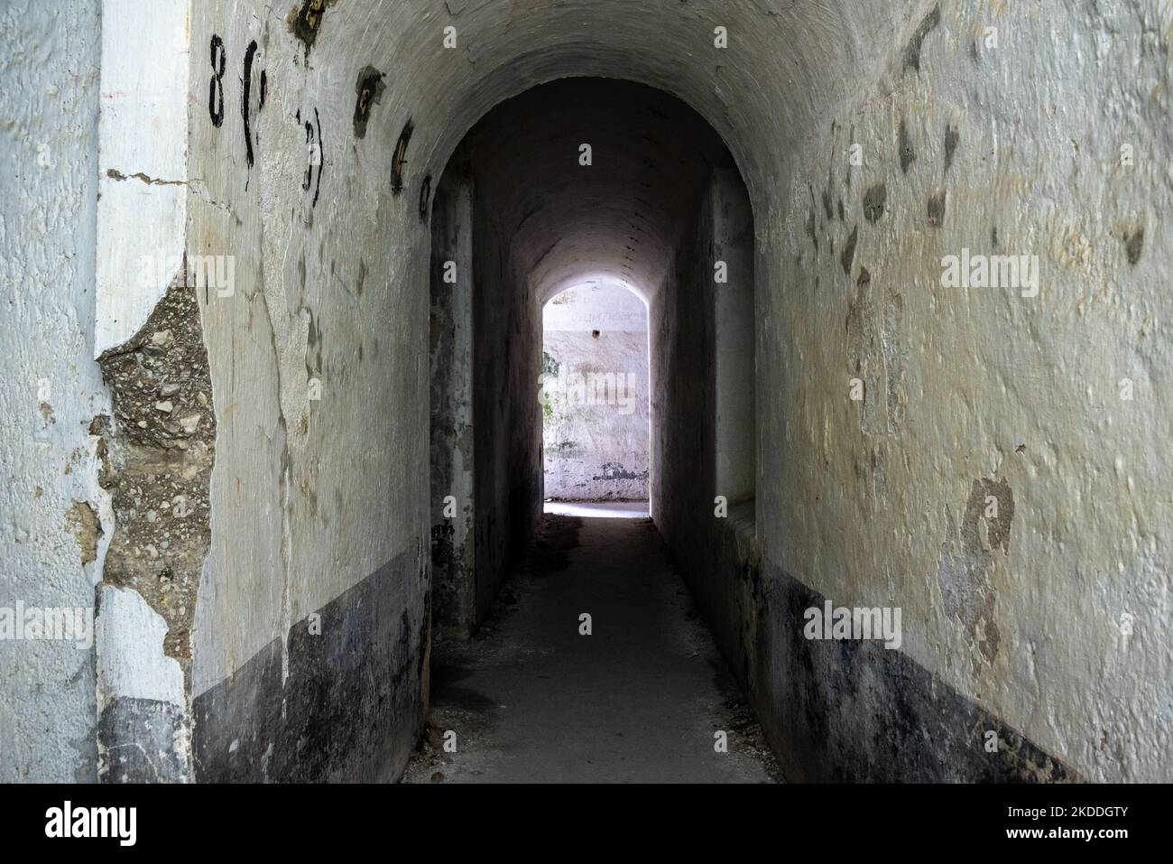 Inside the Austrian fortress Landro in the Dolomite Alps of South Tirol, an architectural remain of the border disputes between Austria and Italy Stock Photo