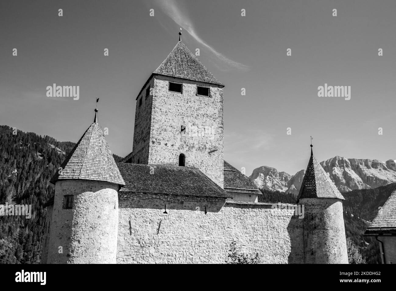 Outside of the castle in St. Martin in Thurn in the Dolomite Alps of South Tirol Stock Photo