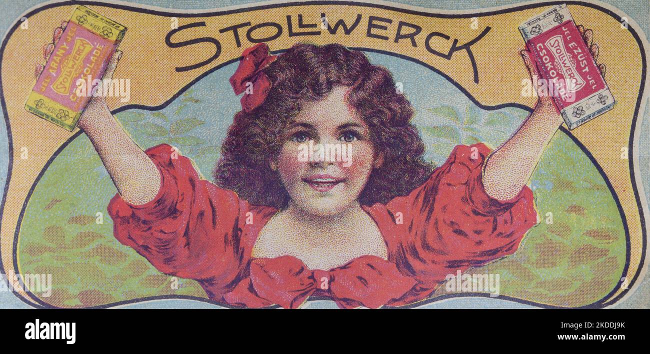 Stollwerck chocolate leaflet (in Hungarian) from 1920s. Size: 14cm x 7cm. Exposition in the Bratislava City Museum. Stock Photo