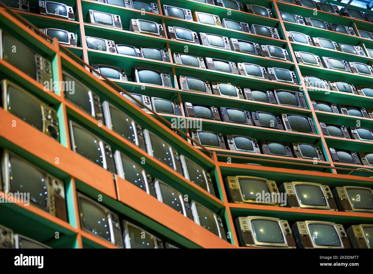 Old retro CRT TVs all over the wall Stock Photo Alamy