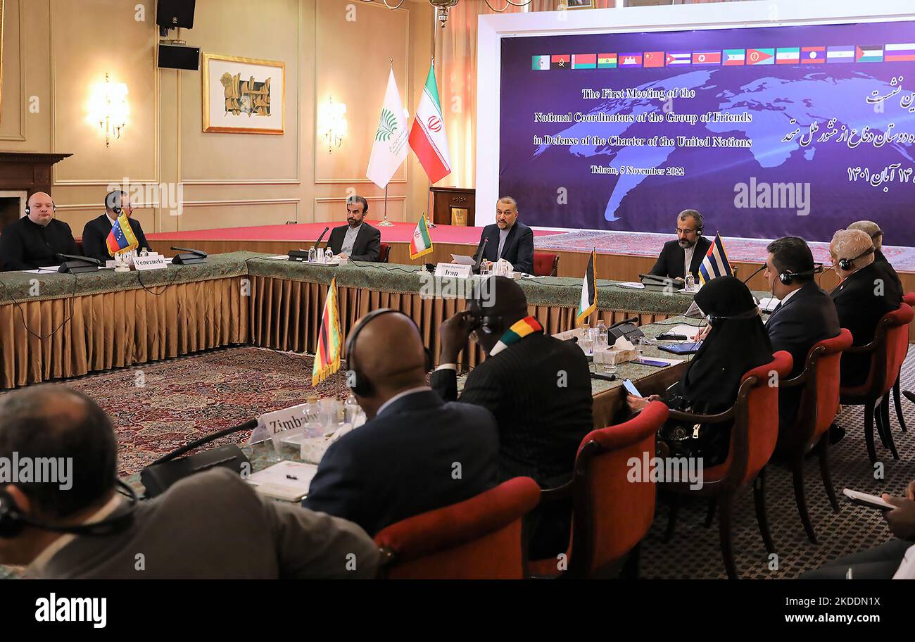 Tehran, Iran. 05th Nov, 2022. Iran's foreign minister Hossein Amirabdollahian (C) attends the First Meeting of the National Coordinators of the Group of Friends Defending the United Nations Charter in Tehran, Iran November 5, 2022. The Iranian foreign minister, Hossein Amir-Abdollahian told the midea for the first time on Saturday that his country had sent drones to Russia but suggested the transfers took place before Moscow invaded Ukraine. Photo by Iranian FM Press Office/UPI Credit: UPI/Alamy Live News Stock Photo